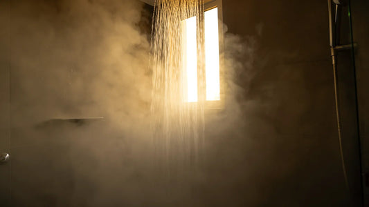 Regadera con agua caliente y vapor llenando el baño — con el agua caliente, los compuestos del agua clorada pasan al aire