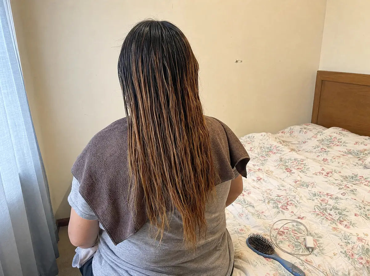 Cabello teñido y mojado, visto de espaldas con luz natural.